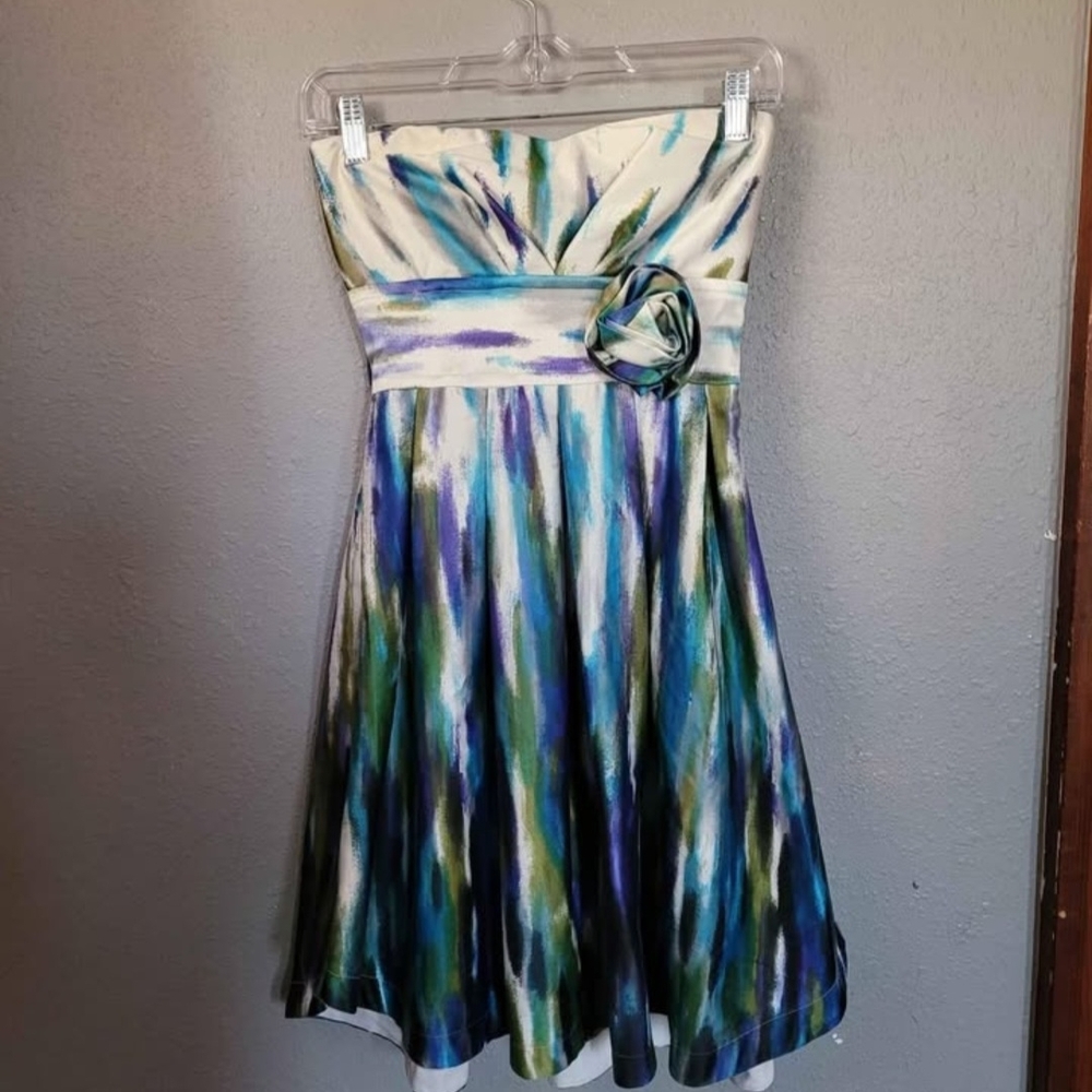 Strapless Multicolor Dress with Floral Accent